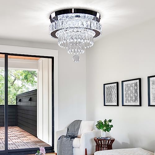 Finktonglan 11.8" Crystal Chandeliers, Morden Crystal Ceiling Light LED Small Chandeliers Semi Flush Mount Chandelier Room Light for Bedrooms Living Room Hallway (6500K White Light)