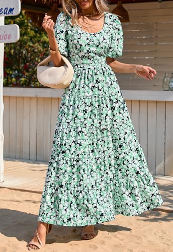 Image of PRETTYGARDEN Puff Short Sleeve Cewneck Floral Long Fall Dresses for Women 2025 Flowy Tiered Hem Maxi Wedding Guest Dress