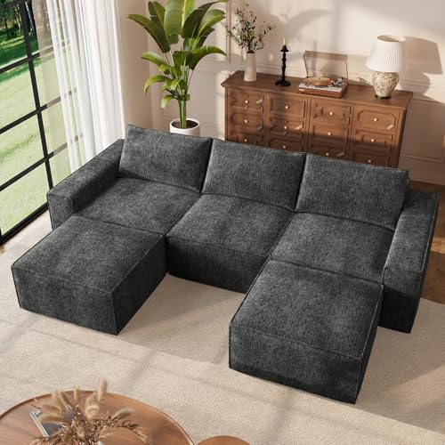 Image of Vesgantti 114 inch Boneless Modular Sectional Sofa, Modern U Shaped 5 Seater Couch with 2 Ottoman & Deep Seat, Convertible Chenille Cloud Couches for Living Room, No Assembly Required, Dark Grey