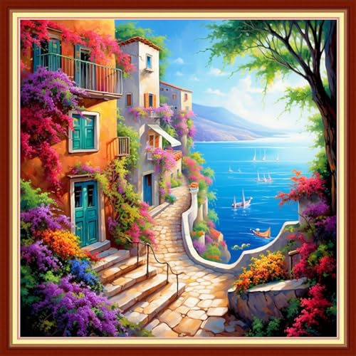 Image of Dimxvean Stamped Cross Stitch Kits,Cross Stitch Kits for Adults Beginners,Embroidery Kits Full Range of Cross Stitch Stamped Kits Needlepoint Kits Cross Stitch Patterns-Seaside Scenery 18x18 inch