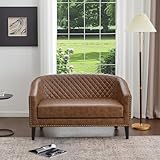 KINWELL 50' Faux Leather Small Barrel Love Seat Settee, Diamond Tufted Back Compact Loveseat Sofa with Nailhead Trim, Modern 2-Seater Couch with Solid Wood Legs for Small Spaces, Apartments, Coffee