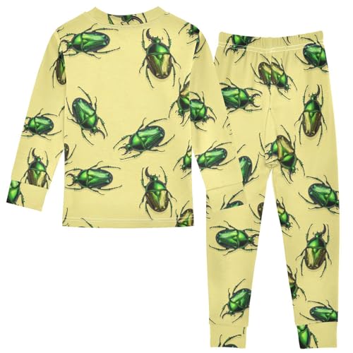 Pajama Sets Long Sleeve Green Beetles Yellow Background Soft Comfy Sleepwear 2 Piece PJS 3-8T3
