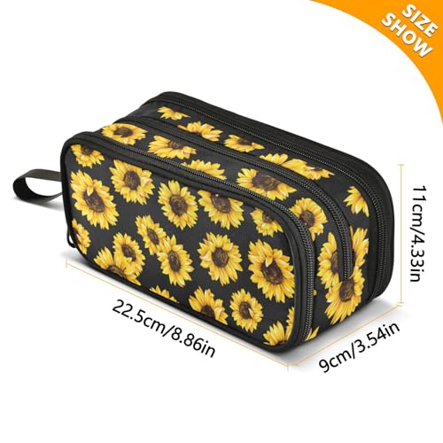 Image of Sunflower Floral Pencil Case Big Capacity Handheld 3 Compartments Pencil Pouch Portable Large Storage Canvas Pencil Bag for Boys Girls Adults Students