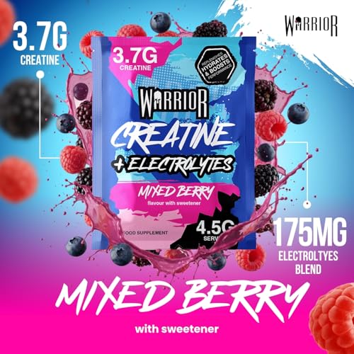Warrior Creatine Plus Electrolytes Sachets, 3.7g Creatine Monohydrate with Electrolyte Blend for Hydration, Strength and Recovery, Zero Sugar Pre Workout Drink Mix, 15 Sachets