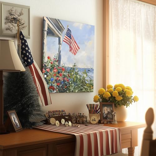 Image of Memorial Day Canvas Wall Art, Porch View American Flag Print, Coastal Garden Flowers Flag by the Sea Poster, Independence Day Gifts Print Artwork for Lakehouse or Summer Entryway Decor 16x20inch