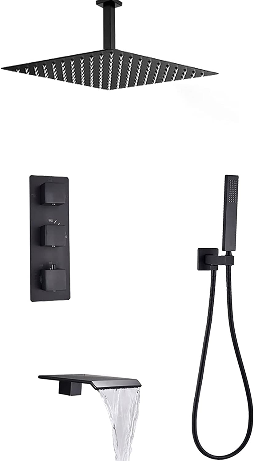 OZBMA Shower Set Thermostatic System with Waterfall Tub Spout Black Faucet Ceiling Mounted Square Rainfall Head Handheld Rain Mixer Combo Set, (size_name 12 inches)