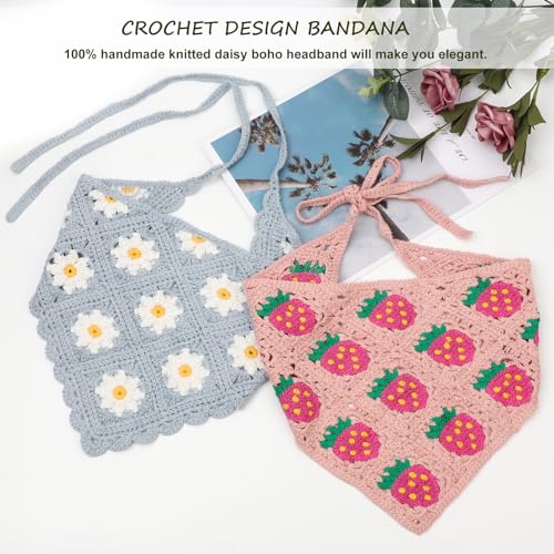Image of DRESHOW Floral Crochet Hair Bandana Tie Knotted Headscarf Vintage Headband Knitted Head Kerchief for Women Girls