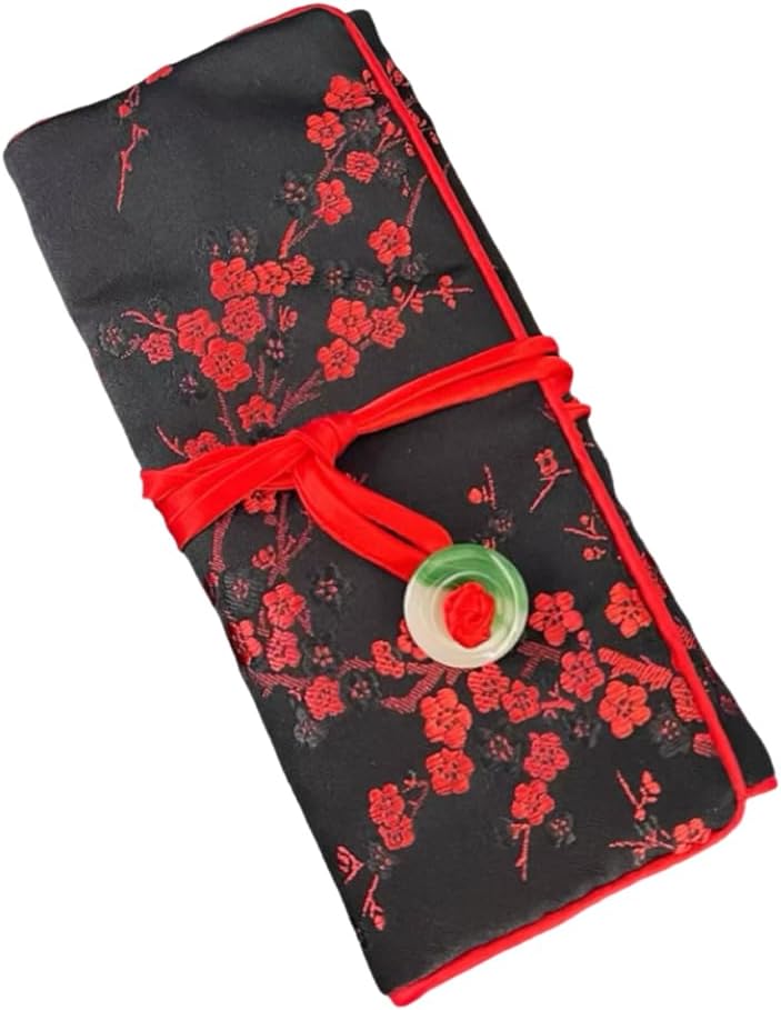 Jade Buckle Silk Brocade Cloth Jewelry Roll Organizer for Women Travel Portable Bag。Foldable Jewellery Storage Pouches with Rope (blue)