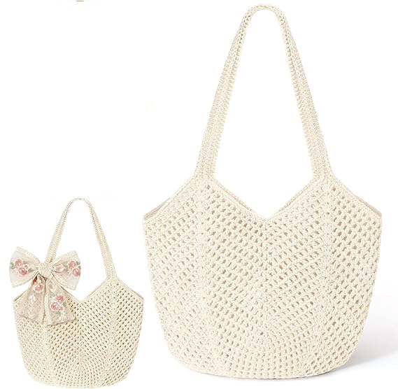 Off White Crochet Rose Bag, Boho Bags for Women, Stylish Crochet Bag, Hollow Mesh Beach Bag, Double Rope Woven Beach Bags for Women with Rose Scarf Decor, Summer Daily Tote-image-42