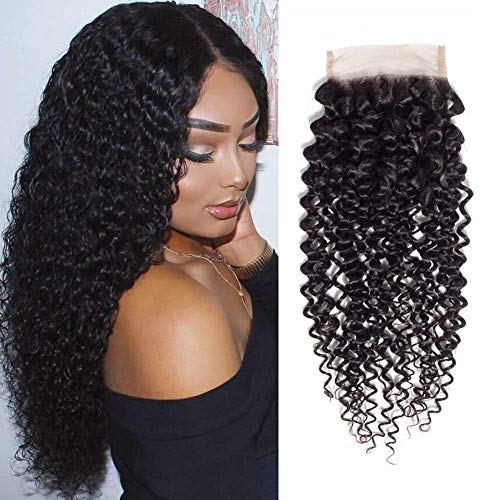 Allnice Brazilian Virgin Hair Kinky Curly Wave Closure Human Hair 4x4 Free Part Lace Closure Brazilian Human Hair Extensions Unprocessed Hairpieces for Wigs Natural Black (12inch)