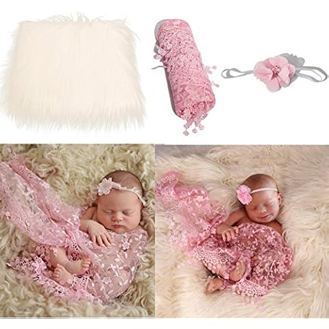 Camidy Newborn Photography Props Headband Blanket Wrap Set,3pcs Fluffy Blanket Stretch Knit Wrap Flower Headband Baby Photo Props Favors Cover
