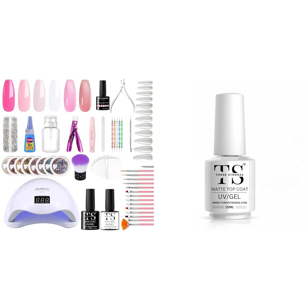 THR3E STROKES Moonstone Nail Extension Kit 6 Gel Polishes 7.5ml THR3E STROKES Matte Gel Top Coat 15ml, No-Wipe Chrome Powder-Resistant Polish, Long Lasting-image-49