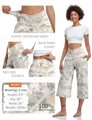 Image of TARSE Womens Casual Wide Leg Yoga Capris Crossover High Waist Capri Pants Loose Soft Pajama Pockets Sweatpants