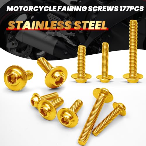 Image of Motorcycle Fairing Bolt Kit 177Pcs, M5 M6 Stainless Steel, Gold | Windscreen Screws Fastener Clips Universal Fit for Suzuki Kawasaki Honda Yamaha BMW Ducati GSXR