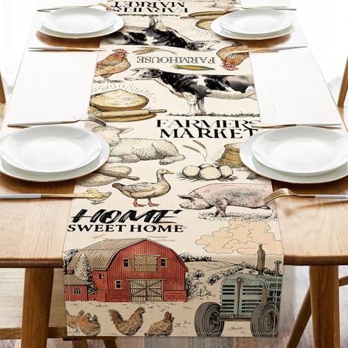 Croar Farm Animals Dining Table Runner, Farmhouse Country Cow Lamb Pig Chicken Duck Barn Tractor Burlap Kitchen Decoration, Farmer Market Indoor Outdoor Sweet Home Decor Party Supply 13 x 72 Inches