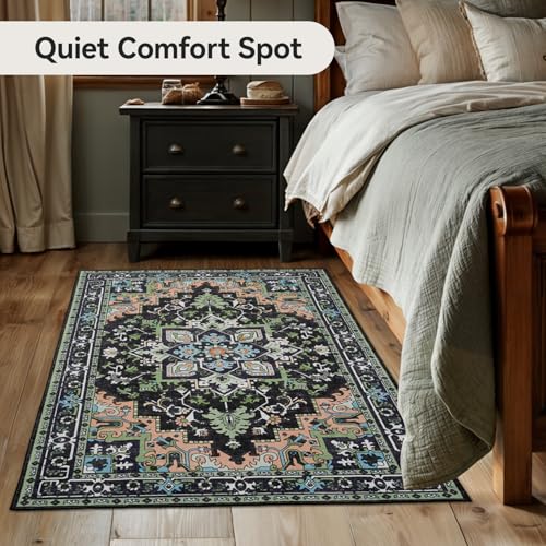 Lofus 3x5 Area Rugs for Living Room, Machine Washable Area Rug, Soft Small Rugs for Bedroom, Kitchen, Office and Indoor, Vintage Boho Carpet, Non-Slip Low Pile Carpets, Dark Green