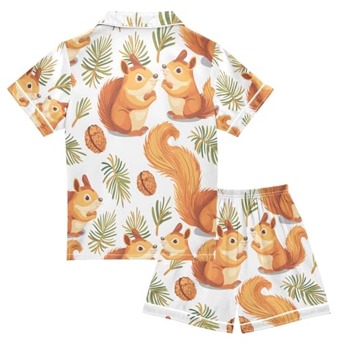 ALAZA Cute Squirrel Pine Nut Pajamas Satin Pajama Set Short Sleeve Button Down Sleepwear2