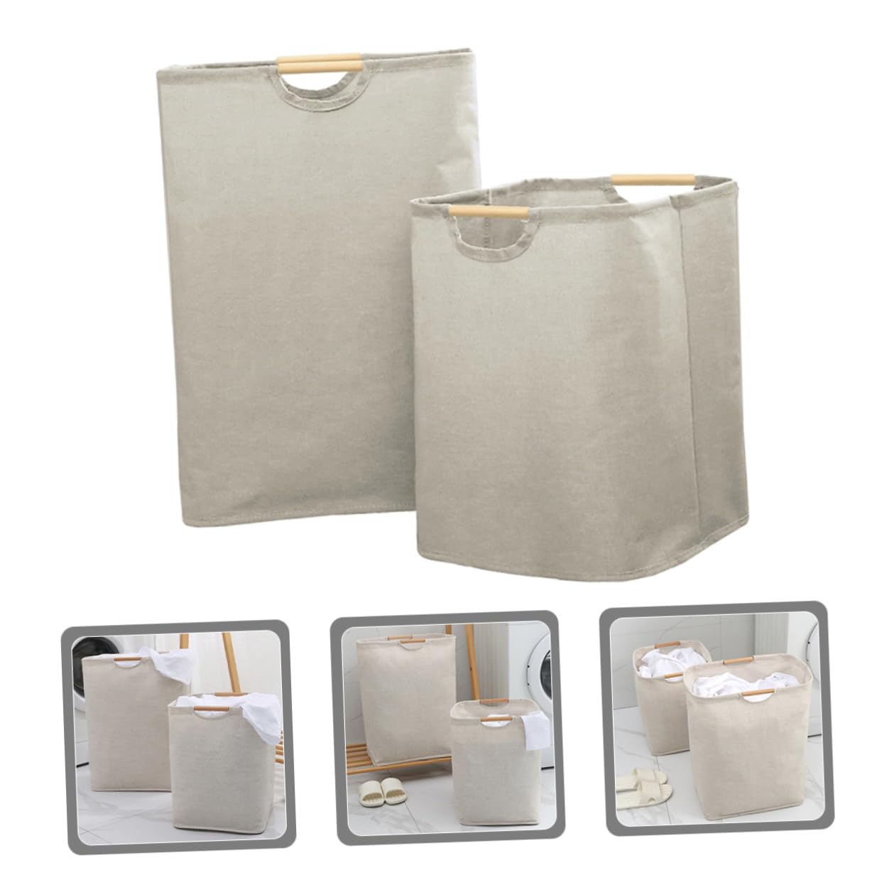 Faltbarer Wäschekorb 60l und 36l, Baumwolle Leinen mit Holzgriff | Faltbarer Wäschekorb Zusammenklappbar, 2 Stück, Beige, für Zuhause und Wohnheim
