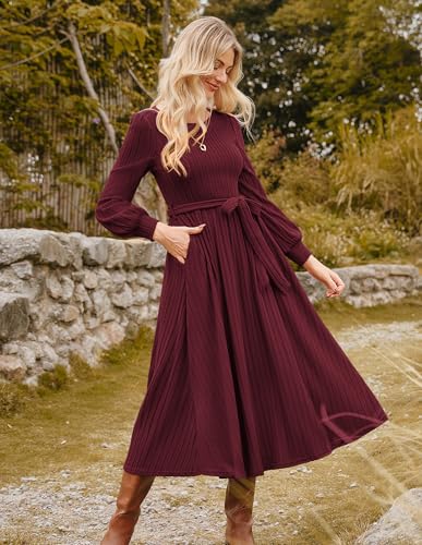 GRACE KARIN Womens Winter Sweater DressLong Sleeve, Crewneck Midi Dresses Tie Waist, Ribbed Knit Fall Outfits Wine Red Size M2