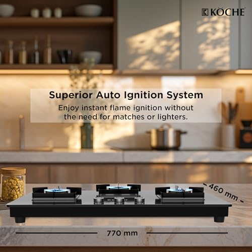 Image of KOCHE Ivan Hobtop 3 Burner gas stove | Multi-Pin Flame Designer Brass Burners, Auto Ignition, Premium Toughened Glass, High Thermal Efficiency, Ergonomic Control Metal Knobs | 7-Year Warranty