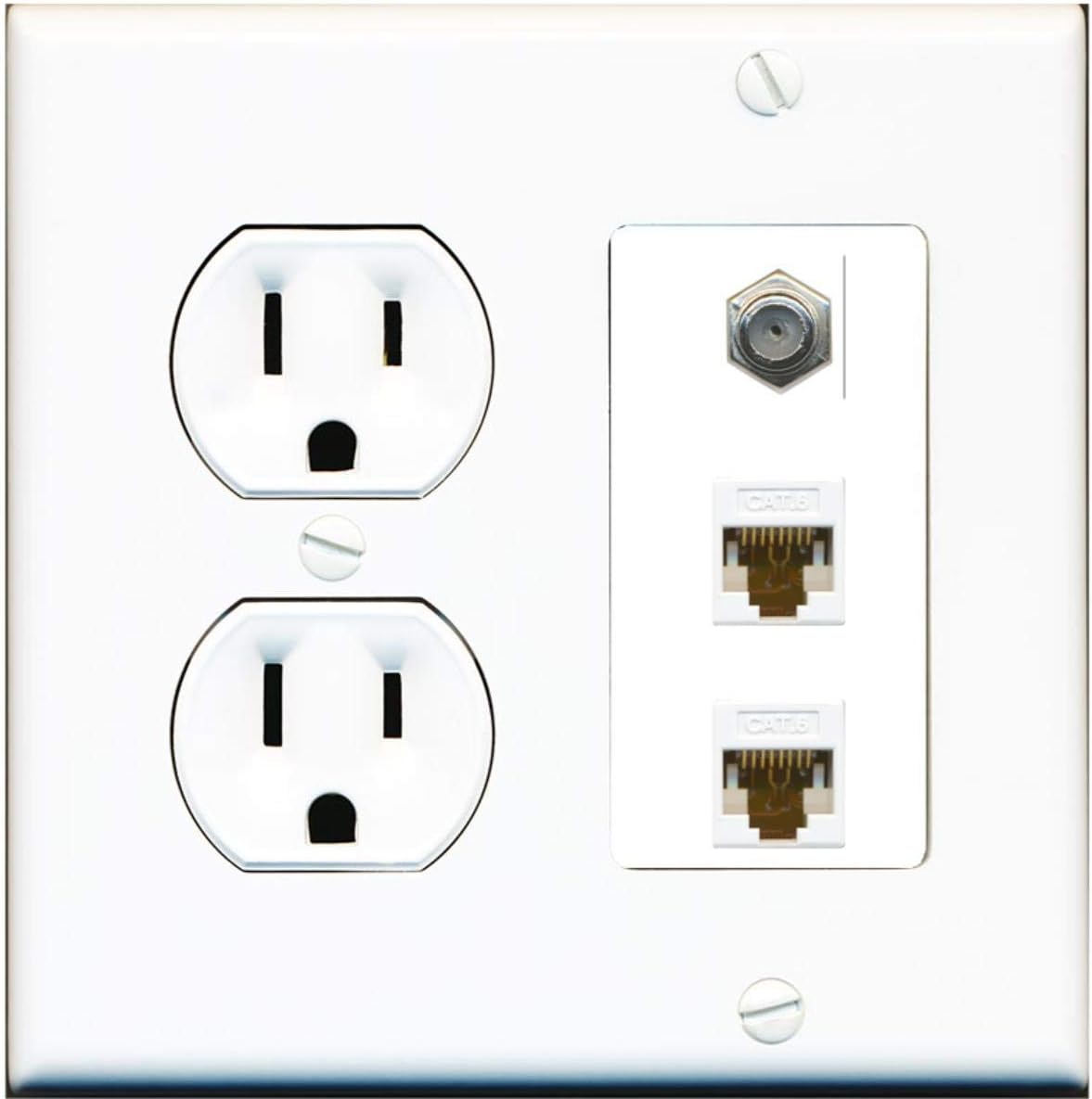 RiteAV 15 Amp Round Power Outlet 2 Port Cat6 Ethernet 1 Coax Cable TV Wall Plate White