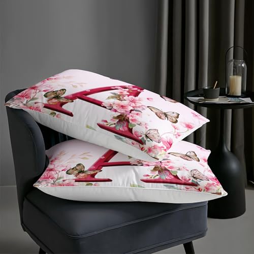 Image of AILONEN Queen Floral Initial A Comforter Set, Pink Blossom Butterfly Bedding, Monogram Letter Decor, Lightweight Microfiber Luxury Guest Master Bedroom