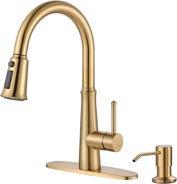 WOWOW Gold Single Handle High Arc Stainless Steel Faucet with Pull Down Sprayer for Sink 2 or 4 Hole, Pull Out Kitchen Faucet with Deck Plate & 3 Functions