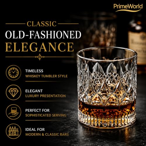 Image of PrimeWorld Cristalleria European Crystal Whiskey Glasses Set of 6 pcs- 300 ml Bar Glass for Drinking Bourbon, Whisky, Scotch, Cocktails, Cognac- Old Fashioned Cocktail Tumblers