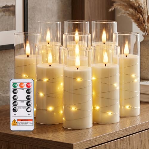 Image of Homemory Flameless Candles with Remote Timer, Clear Acrylic Flickering LED Pillar Candles with Embedded Fairy String Lights, Battery Operated Candles for Wedding Fireplace Lantern Home Decor, Set of 9