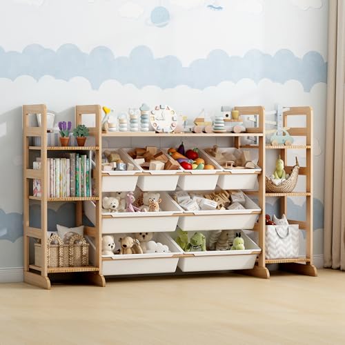 Wumagin Organizador Juguetes de Madera Maciza con 8 Caja de Almacenamiento, Librería Infantil Montessori, Organizador de Libros y Juguetes (133x80x34 CM)