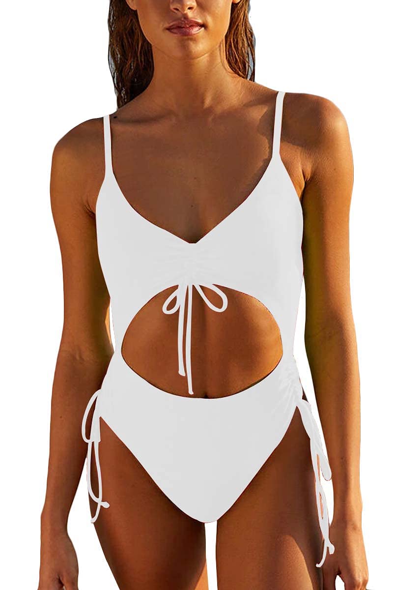 MOPOOGOSS Womens One Piece Swimsuits V Neck Drawstring Cinched Tie Cutout High Cut Monokini Bathing Suit
