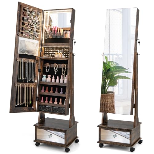 COSTWAY Armoire à Bijoux sur Roulettes, Verrouillable, Organisateur de Bijoux sur Pieds avec Miroir Psyché sans Cadre, Miroir Intégré avec Lumières LED 3 Couleurs, Étagère Pliable (Marron)