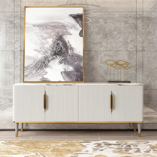 Image of Sonic Console Table, White Marble Top, Charcoal Louvers, Gold Accents, 66 x 15 x 22 Inch, Modern Entryway Storage Cabinet, Waterproof Plywood, PVD-Coated Legs, Elegant TV Unit