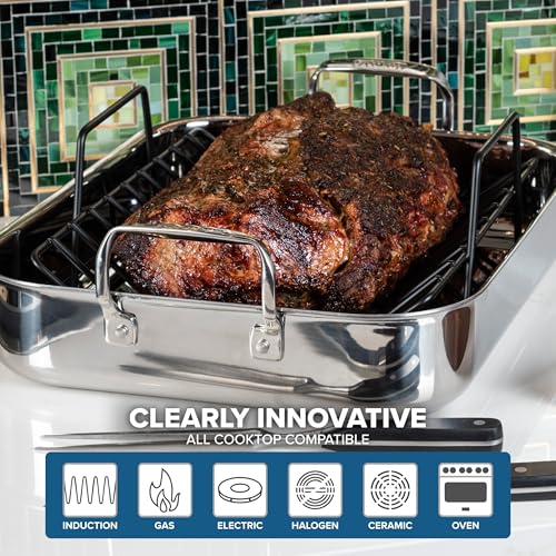 Image of Viking 3-Ply Stainless Steel Roasting Pan with Non Stick Rack, 16 x 13 Inch Kitchen Cookware, Great for Turkey, Includes Probe Thermometer, Dishwasher and Oven Safe, Induction Ready, Silver