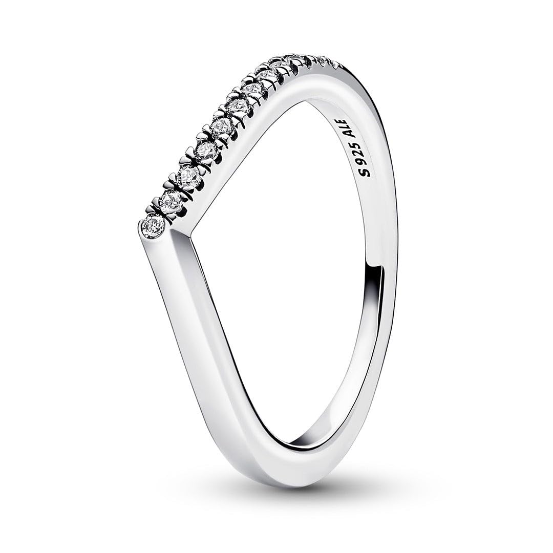 PANDORA Timeless Anillo con diseño de hueso de la suerte y mitad centelleante de plata de ley con circonitas cúbicas transparentes