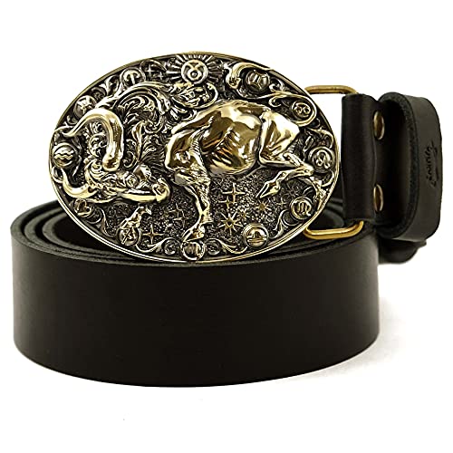 Leather belt with Taurus buckle, Taurus Bull Horoscope Astrological Zodiac Sign solid brass belt buckle on casual leather belt