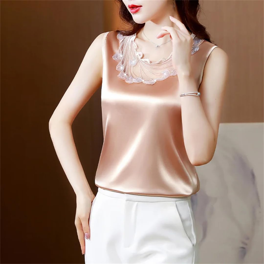 Donne Ricamo Senza Maniche Camicette di Seta Estate Raso Top Casual Sciolto Vest