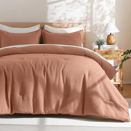 Image of PHF Soft Waffle Comforter Set Queen Size- Comfy Breathable Waffle Weave Comforter with 2 Pillow Shams, 3 Pieces Less Snagging Lightweight Textured Bedding Set for All Season, Terracotta