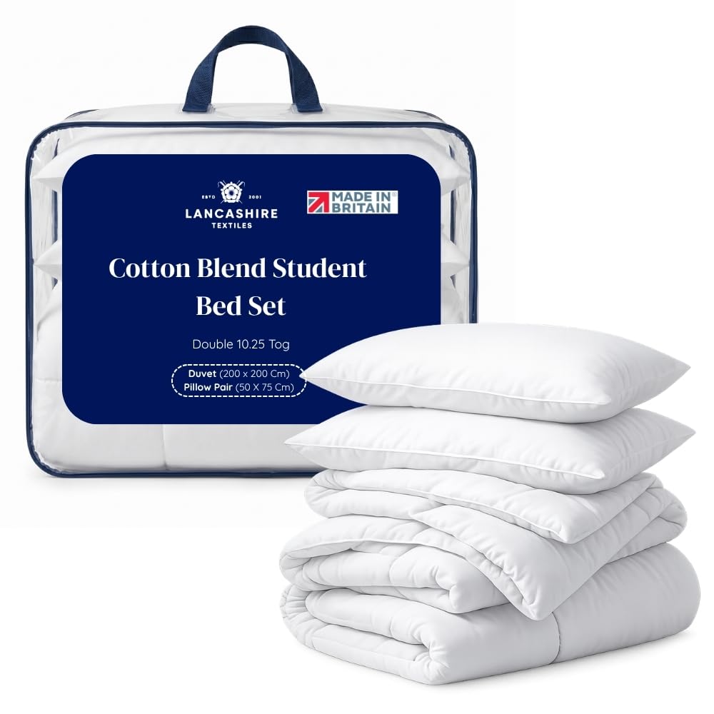 Lancashire Textiles Double Student Bedding Set – 10.5 Tog Duvet Double 200x200cm, Pillow 2 Pack & Mattress Protector 137x191cm, Soft All Seasons Quilt Set for Dorm & Home