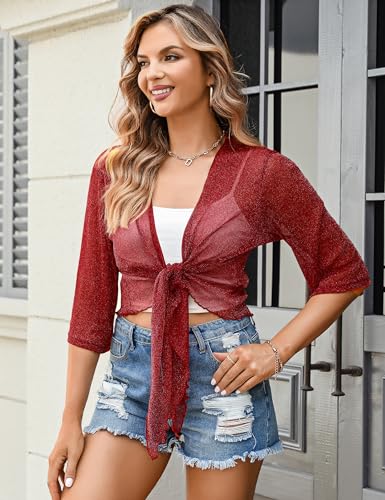 Totatuit Womens Shiny Sheer 3/4 sleeve Shrug Tie Bolero Top Open Front Mesh Cardigan Lightweight Knit3