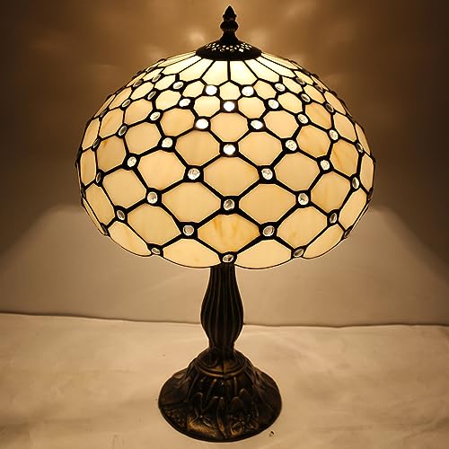 Image of WERFACTORY Tiffany Lamp Cream Amber Stained Glass Bead Table Lamp 18 Inch