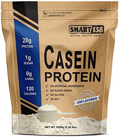 Smart138 100% Pure Micellar Casein Protein // Cold Processed, Gluten-Free, Soy-Free, Non-GMO, USA, Keto, Zero Carb, Natural BCAAs (1000g / 2.2lbs, Unflavored)