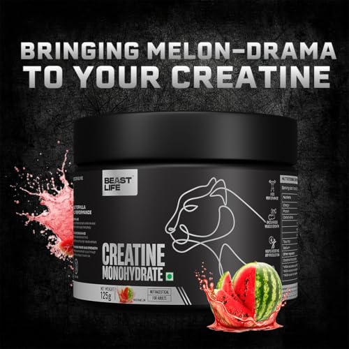 Image of BeastLife Micronised Creatine Monohydrate with Free Shaker | 125g | 33 Servings | Watermelon | NABL Lab Tested | Rapid Absorption for Muscle Strength & Athletic Performance | Super Micronised Creatine Powder