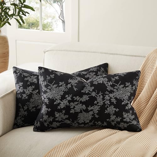YZJZEDS 100% Cotton French Pastoral Throw Pillow Covers Set of 2, 12x20 Inch Background/Black Farmhouse Decorative Cushion Covers for Sofa Bed Living Room Home Decor