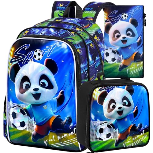 Image of 16 inch Panda Soccer Backpack Set for Boys 4-8, 3Pcs Kindergarten School Bag with Football Lunch Box, Lightweight Bookbag (Blue)