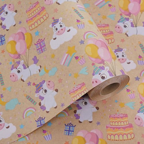 Aimyoo Pink Unicorn Birthday Wrapping Paper - 17 in x 60 ft - Unicorn Balloon Birthday Cake Deign for Baby Girl, Baby Shower, Mini Roll