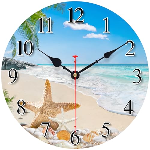 Toudorp 8 Inch Wall Clock Coastal Seashell Starfish Beach Decorative Clocks, Silent Non Ticking Battery Operated Palm Tree Wall Clock for Bedroom/Living Room/Kitchen