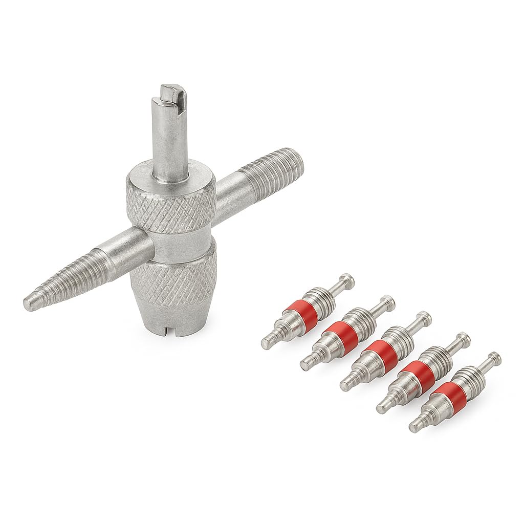 MADDOX 4-Way Valve Stem Core Tool – Multi-Function Tire Valve Repair Tool with 4 Replacement Cores – Ideal for Cars, Bikes, Motorcycles, and AC Units