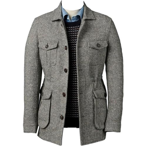 Vintage Grey Tweed Herringbone Wool Blend Sports Blazer Tuxedo Prom Groom Mens Casual Suit Jacket Coat