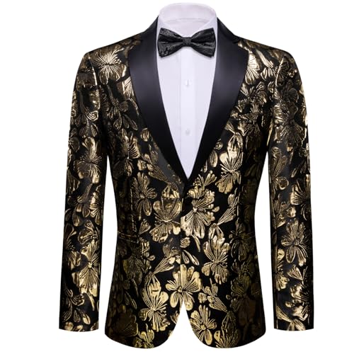 Barry.Wang Mens Black Flowers Blazer Gold Suit Jacket Floral Jacquard